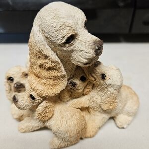 Vintage Stone Critters Blonde Cocker Spaniel Dog & her pups